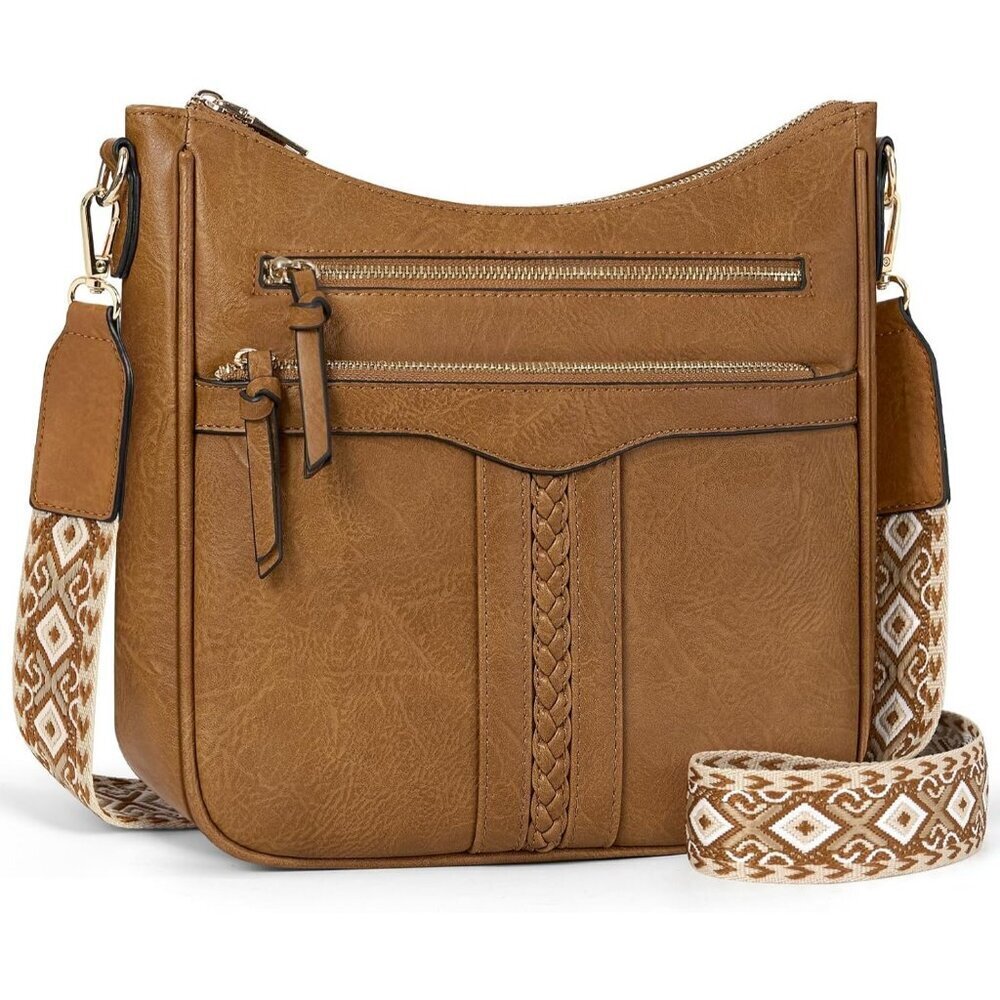 Women’s Light Brown Leather 7-Pocket Purses Crossbody Bags And Shoulder Bag